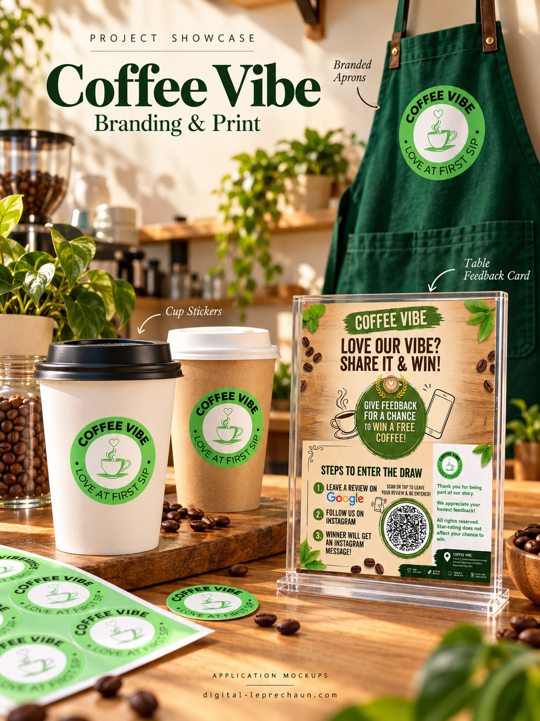 Coffee Vibe branding applied to cups, an apron and a customer feedback card