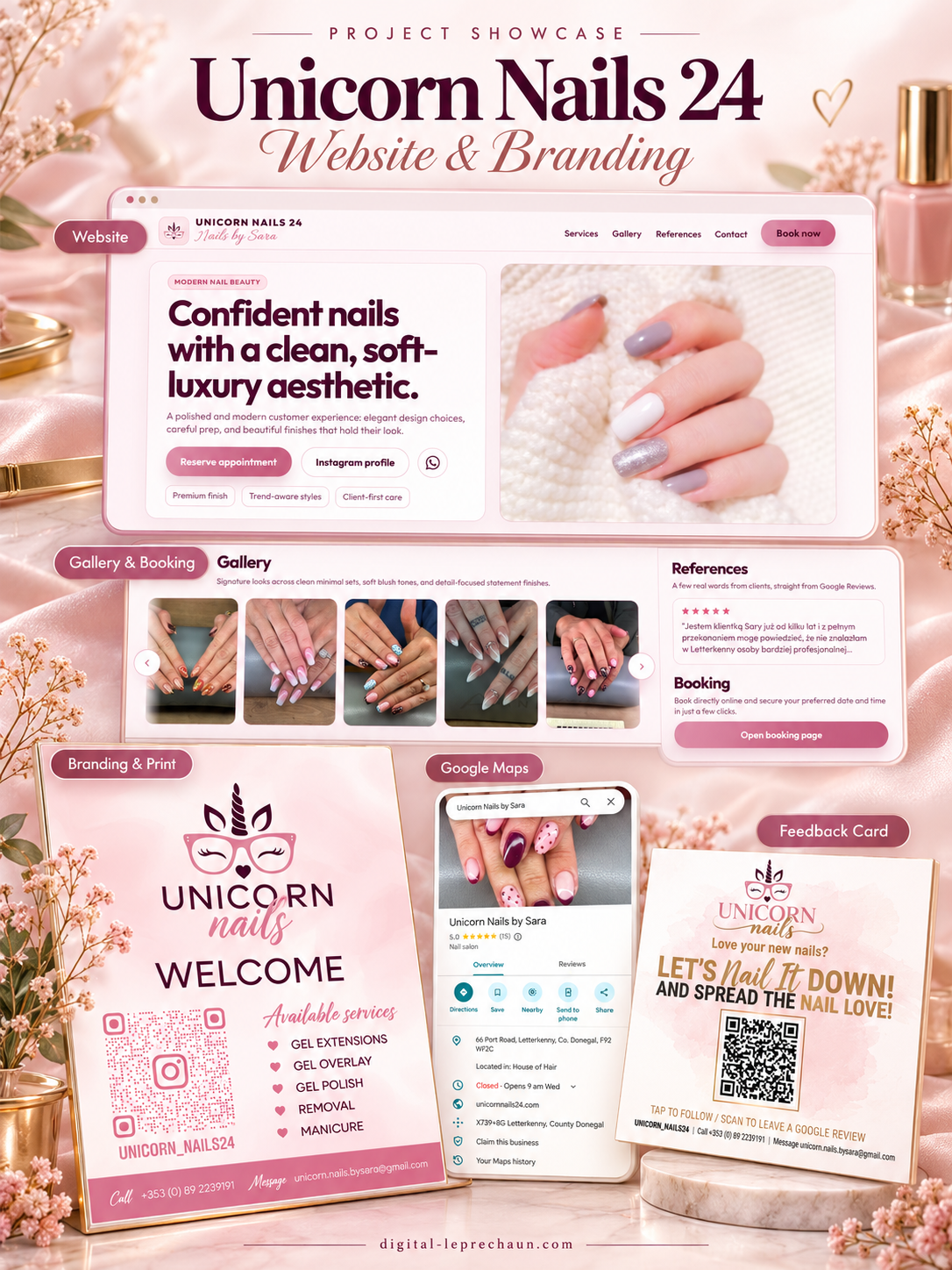 Unicorn Nails 24 pink website, signage and feedback card showcase